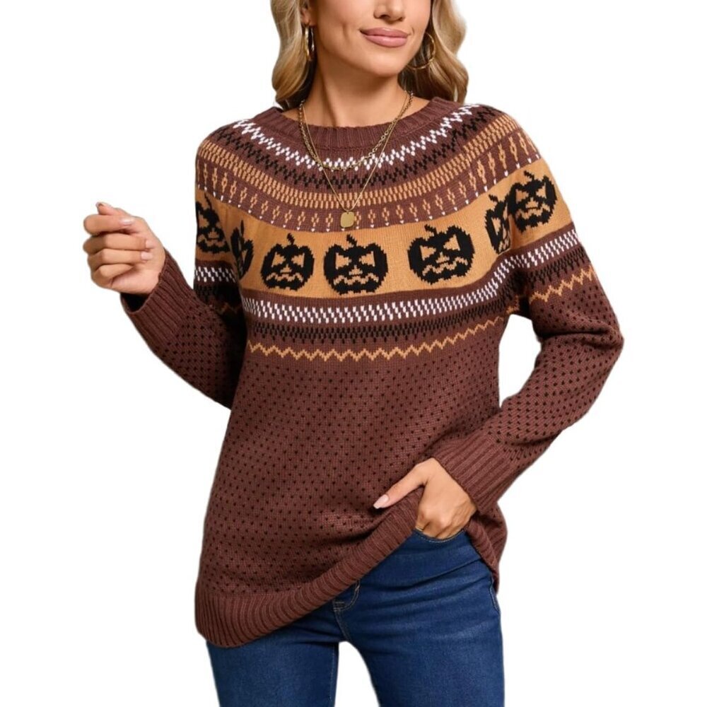 Women Halloween Pumpkin Skull Sweater Knitted Crewneck Casual Fall Winter